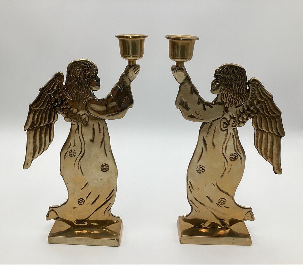 Vntg Carnevale Brass Angel Candlestick Holders Pair Decor 9"